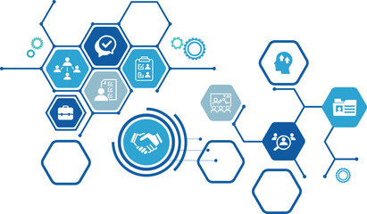 Onboarding vector illustration. Concept with connected icons related to welcoming new hire, welcome culture in the company, employee satisfaction, talent retention, workforce training.
