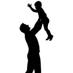Silhouette of Father Lifting Child on White Background, Minimalist Black Silhouette of Father and Child, Silhouette Scene of Dad and Child on White Background