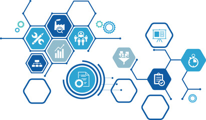 Operations management vector illustration. Blue concept related to organization, project planning and strategy, material flow, input and output