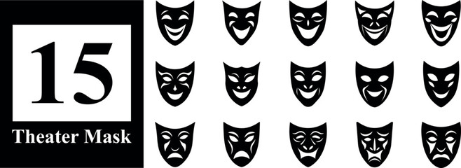Collection of 15 black theater masks representing comedy and tragedy emotions silhouette isolated on transparent background