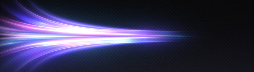 A stream of bright purple light with the effect of acceleration and breaking through space. Dynamic energy of movement on a dark background.
