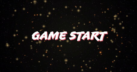 Displaying bold stylized text GAME START floating over deep space, with glittering star graphics