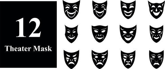Collection of 12 black theater masks representing comedy and tragedy emotions silhouette isolated on transparent background