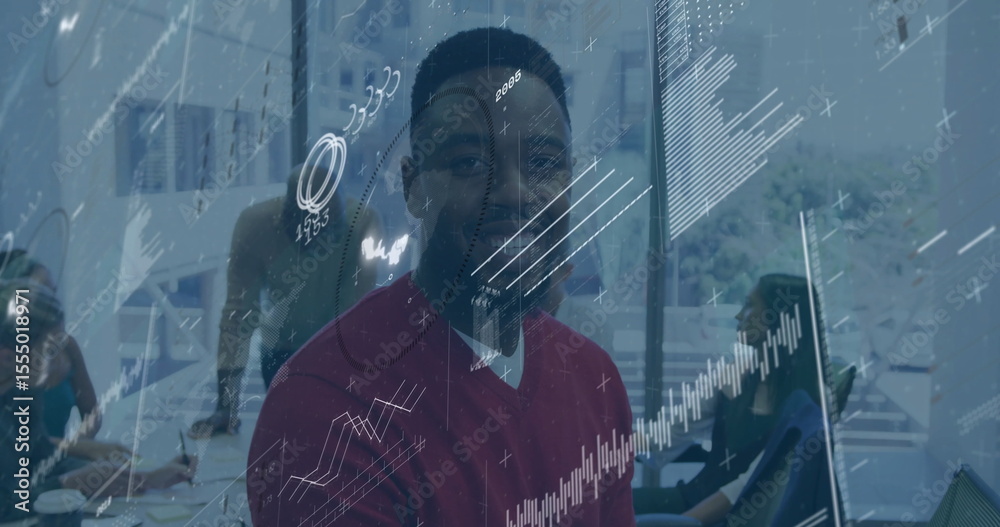 Poster smiling man in office with financial data processing image overlay