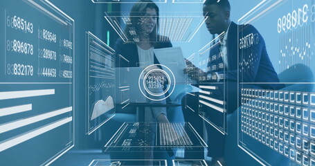 In office, business professionals analyzing data with digital interface overlay