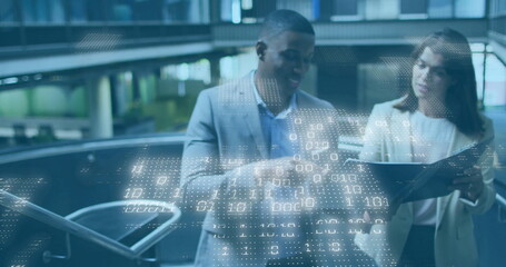 In modern office, business professionals discussing data with image overlay