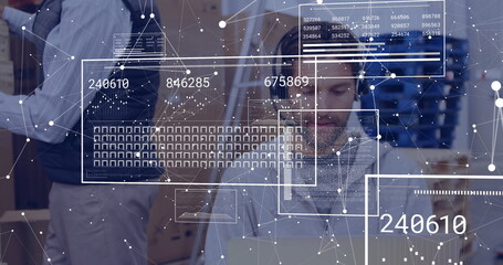 Digital data and network connections image over people working in office