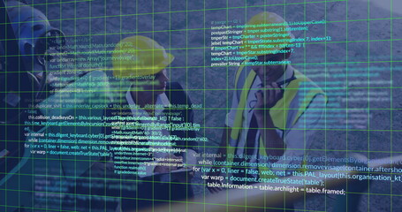 Reviewing plans, construction workers with digital image overlay on site