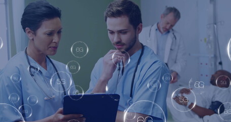 Medical professionals discussing patient data with 6G technology image overlay
