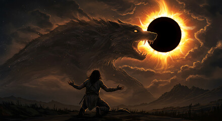 Cosmic Wolf Eclipse: A colossal wolf looms before a solar eclipse, with a lone figure kneeling in awe or supplication, set against a dramatic skyscape.