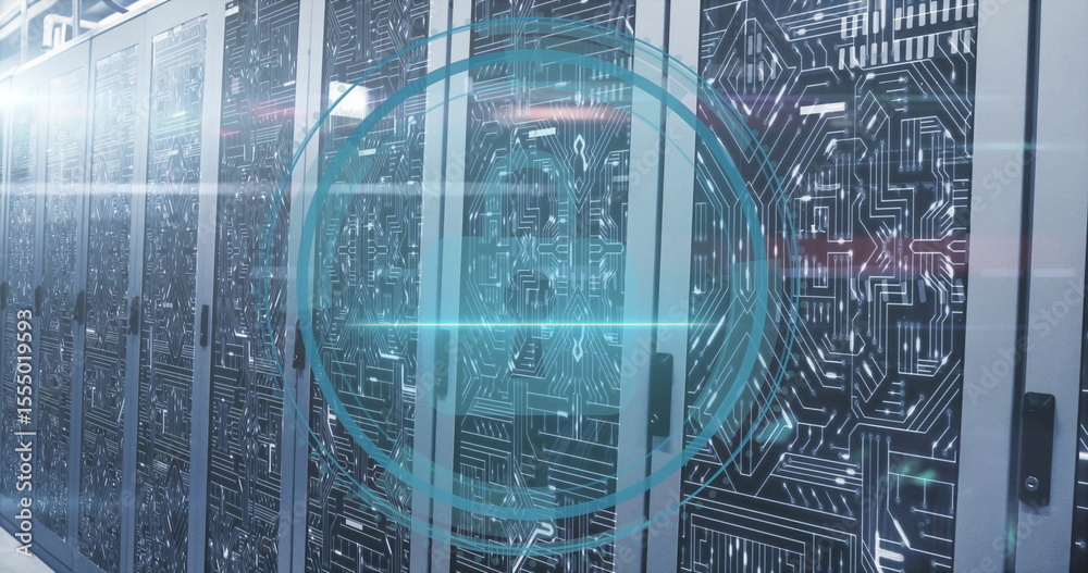 Poster digital lock image over futuristic server room with circuit patterns