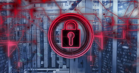 Cybersecurity image with red lock symbol over data servers for protection