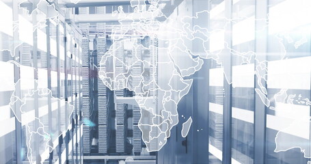 Data servers in modern facility with world map overlay image