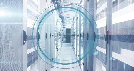 Extending white server cabinets forming long corridor in data center, with digital overlay graphic