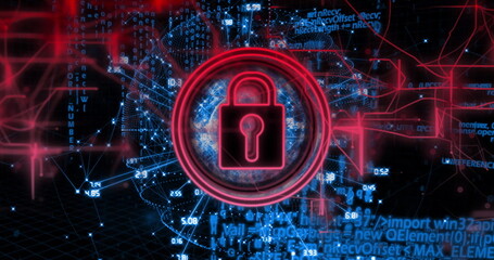Image of red padlock icon over digital network with binary code background