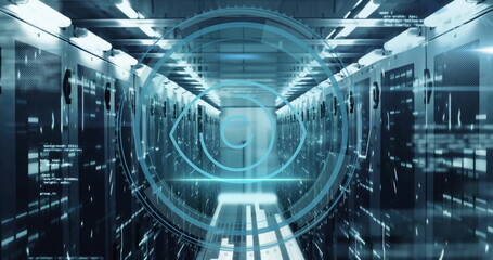 Futuristic data processing image over server racks in technology center