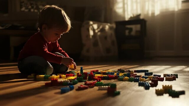 Toddler playing with colorful building blocks on a wooden floor