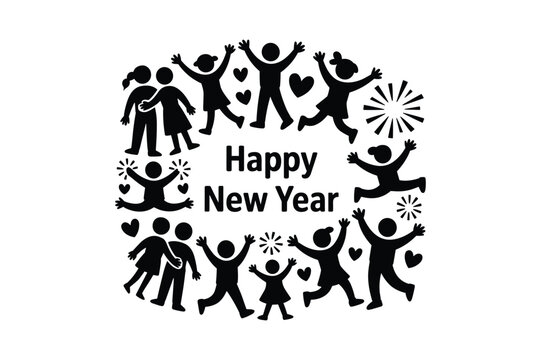 Joyful people celebrating new year with hearts and bursts celebration jumping