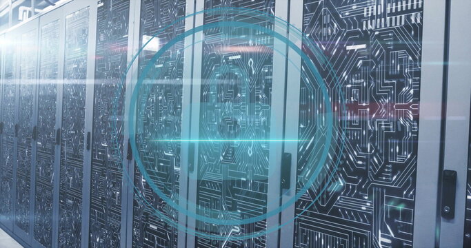 Digital lock image over futuristic server room with circuit patterns - Powered by Adobe