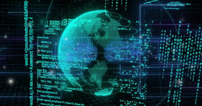 Image of digital globe with binary code, representing global data and technology