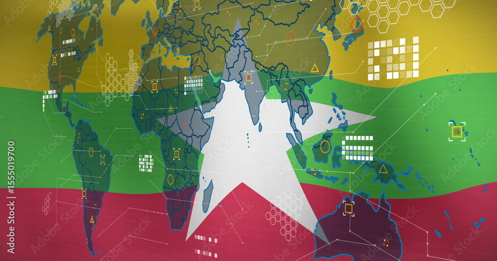 Poster image of world map with digital data elements on colorful flag-themed background