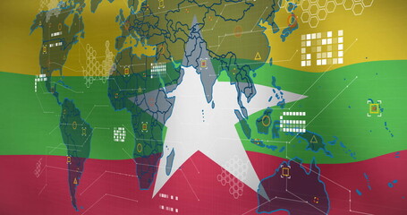 Image of world map with digital data elements on colorful flag-themed background