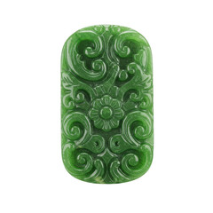 Intricately carved green jade pendant featuring floral designs, isolated on a white background