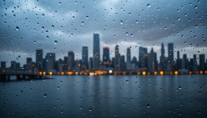 Rainy Cityscape View with Water Droplets on a Window Pane at Dusk