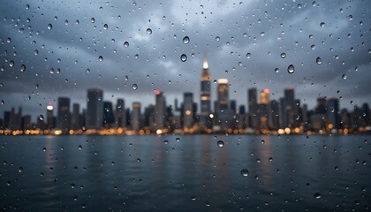 City skyline view through a window with raindrops during a storm