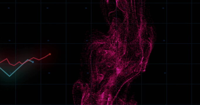 Image of pink smoke effect with grid overlay and fluctuating graph lines - Powered by Adobe