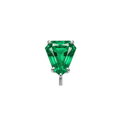A stunning emerald gemstone set in a sleek silver mount, showcasing its vibrant green hue against a plain background
