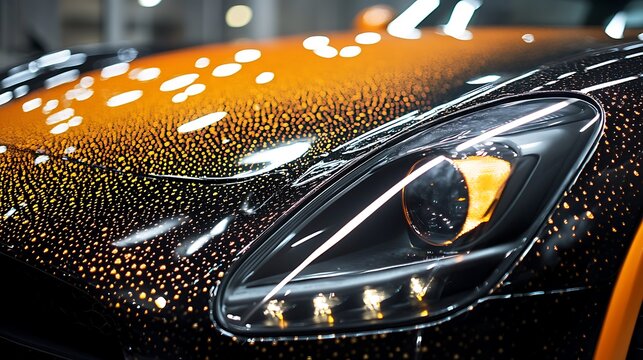 Close-up shot of water beading intensely on a car hood treated with ceramic coating