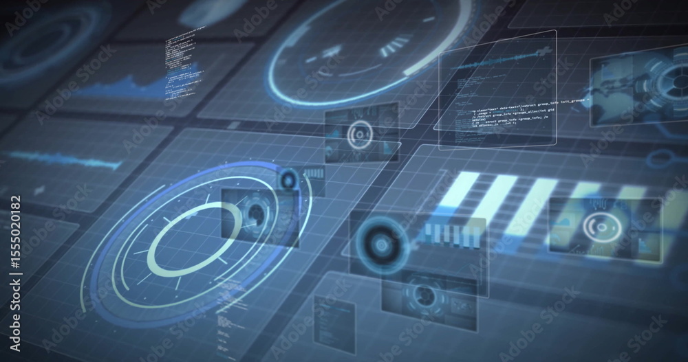 Poster Displaying holographic dial floating on digital grid, with data panels, code windows and waveforms