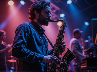 saxofonista tocando el saxo en un escenario de musica