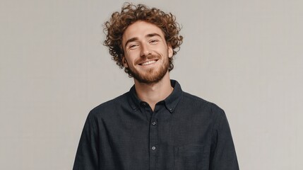 Smiling Young Man with Curly Hair in Casual Attire Against a Neutral Background