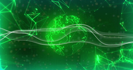 Green digital globe with flowing data lines and network connections image