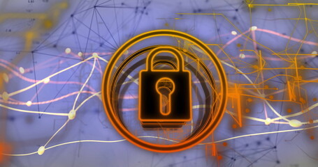 Floating glowing padlock icon illuminating digital network space, with grid overlay and node points