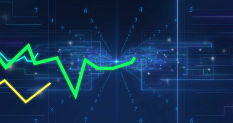 Image of green and yellow line graph over digital data background