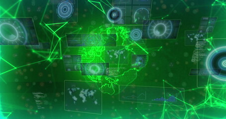 Image of digital globe with futuristic data processing and network connections