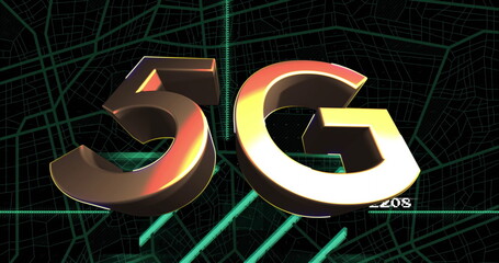 5G image glowing over digital map background with vibrant blue light