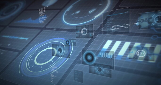 Displaying holographic dial floating on digital grid, with data panels, code windows and waveforms