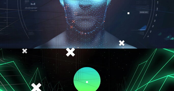 Image of digital human head with glowing dots and geometric shapes in background