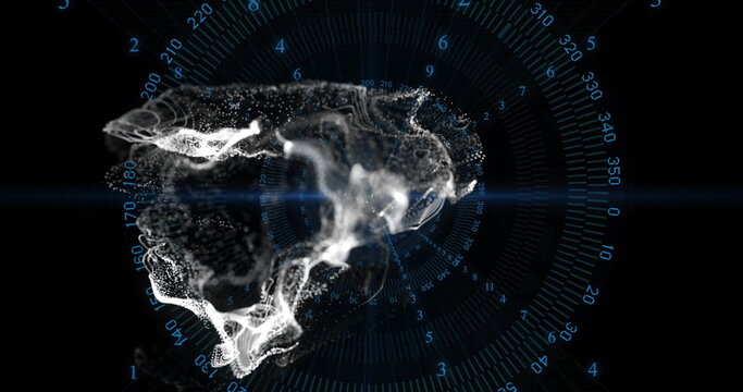 Swirling white particle cloud moving in interface, with blue grid lines and numeric degree markers