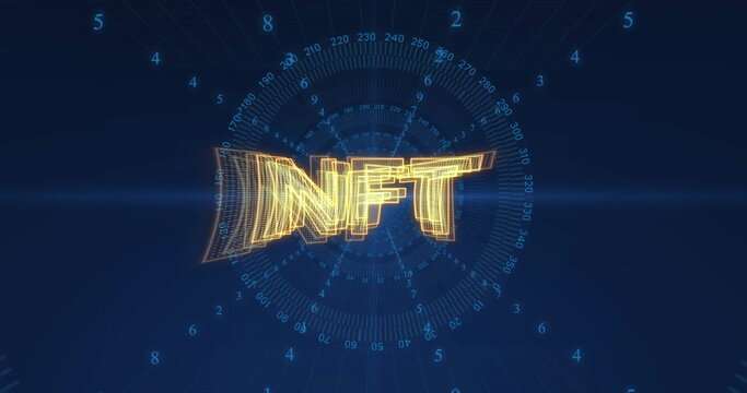 Digital numbers in blue image with futuristic NFT text in background
