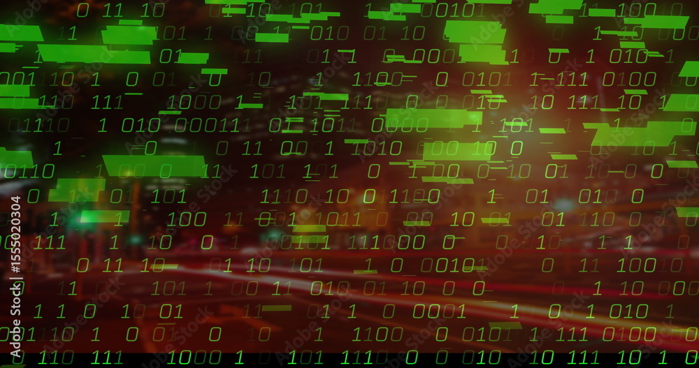 Poster image of binary code with green data blocks overlaying cityscape at night