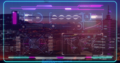 Image of futuristic digital interface showing data and world map over cityscape