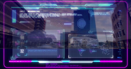Image of futuristic digital interface with global data over cityscape background