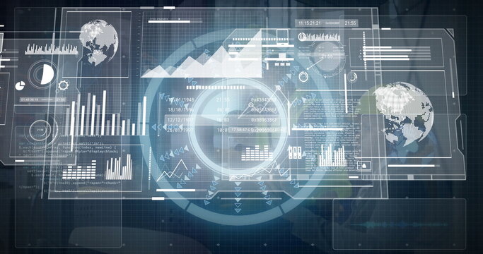 Displaying central circular HUD glowing above dashboard, with holographic panels and bar charts