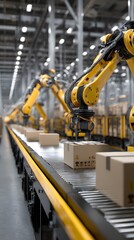 A robotic arm loads and moves boxes in a warehouse setting.Warehouse automation robot arm conveyor belt boxes logistics distribution center technology industry.