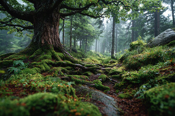 Obraz premium A mossy forest floor with a large tree and a path leading into the distance